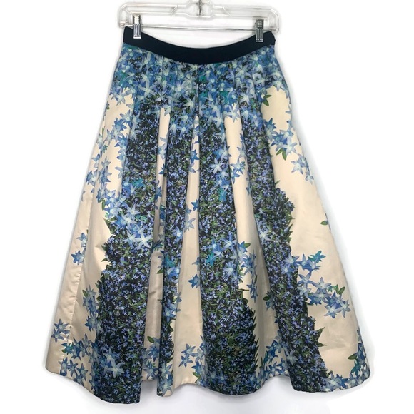 Tibi 100% Silk Gazar Blue Floral Pleated Full Sidewalk Luxury Midi Skirt Size 2 - Picture 7 of 16